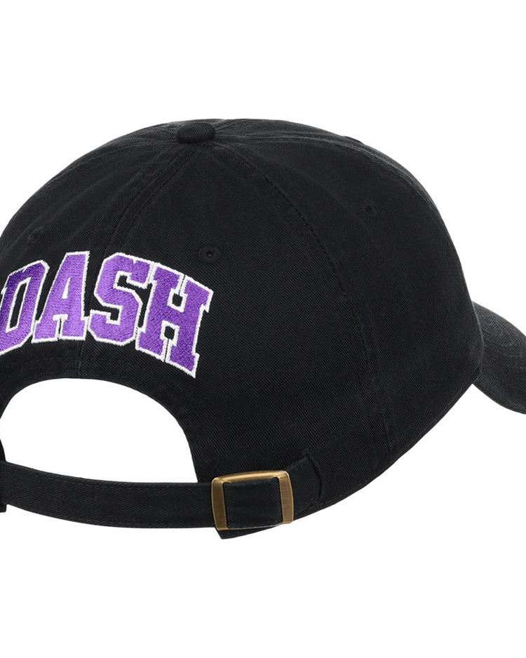 The Ebbets Field Winston-Salem Dash MiLB Dad Ballcap is a black cap with DASH in large purple and white letters embroidered on the back and features an adjustable strap with a brass buckle.