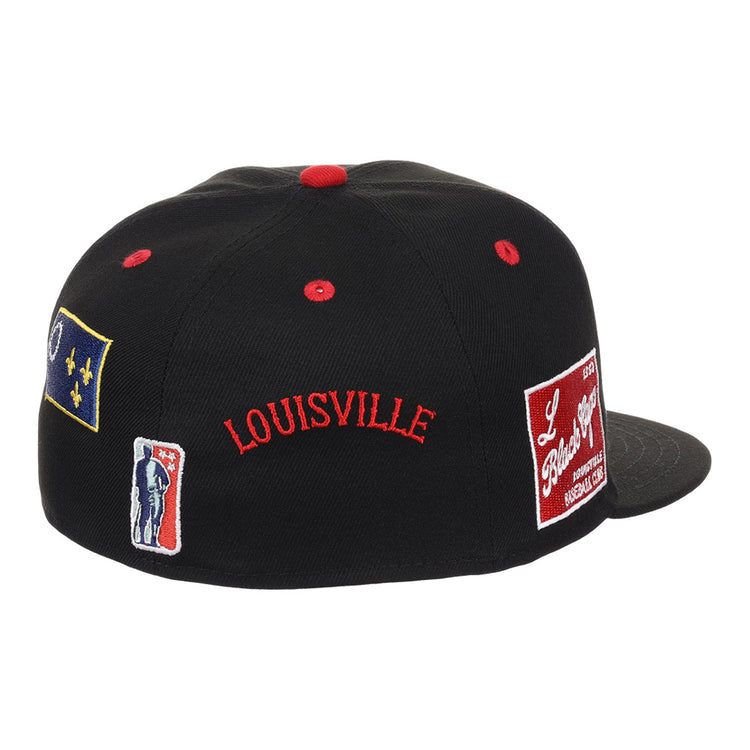 The Louisville Black Caps NLB Varsity Fitted Ballcap by Ebbets Field is a black cap with red accents and embroidered patches including 