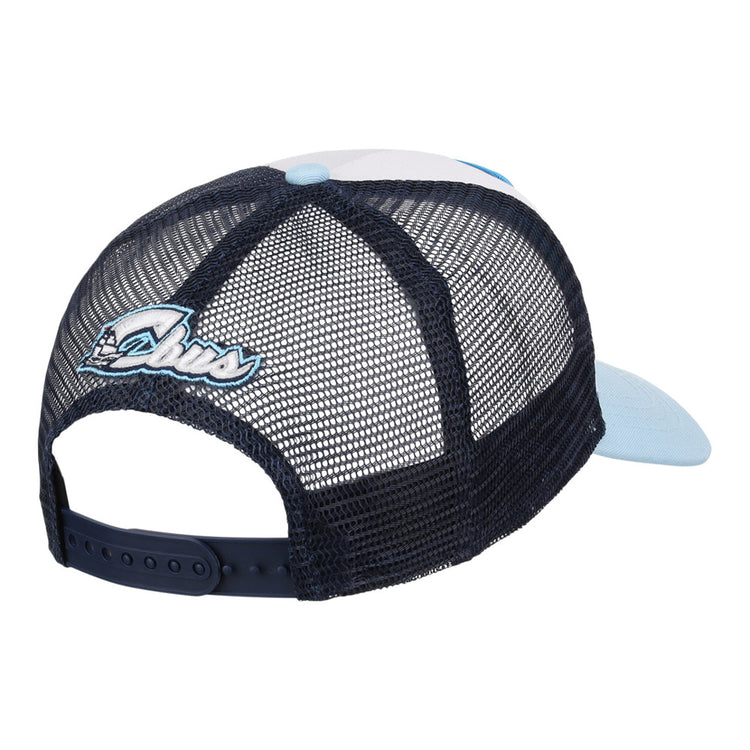 The Ebbets Field Columbus Clippers MiLB Trucker Ballcap is shown from the rear, featuring a navy mesh back, light blue brim, adjustable snapback strap, and embroidered Ohaus logo.