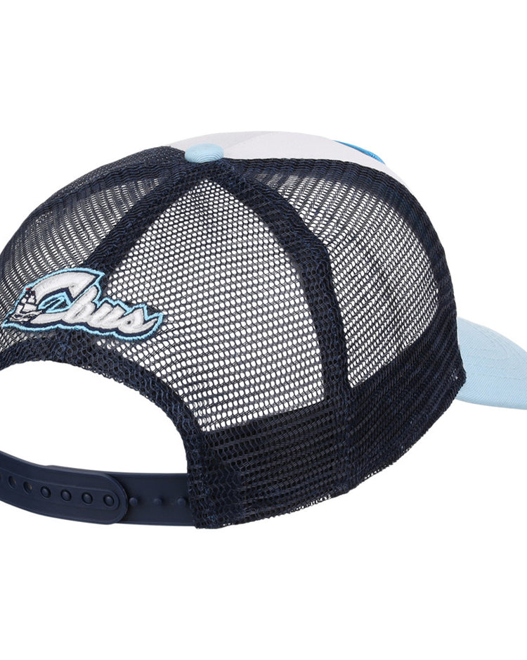 The Ebbets Field Columbus Clippers MiLB Trucker Ballcap is shown from the rear, featuring a navy mesh back, light blue brim, adjustable snapback strap, and embroidered Ohaus logo.