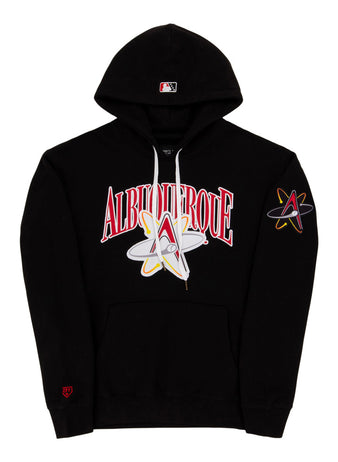 The Ebbets Field Albuquerque Isotopes MiLB Cotton Hooded Sweatshirt features a bold “Albuquerque” and atom logo on the front, an MLB logo on the hood, sleeve atom logo, and red detail on the left wrist.