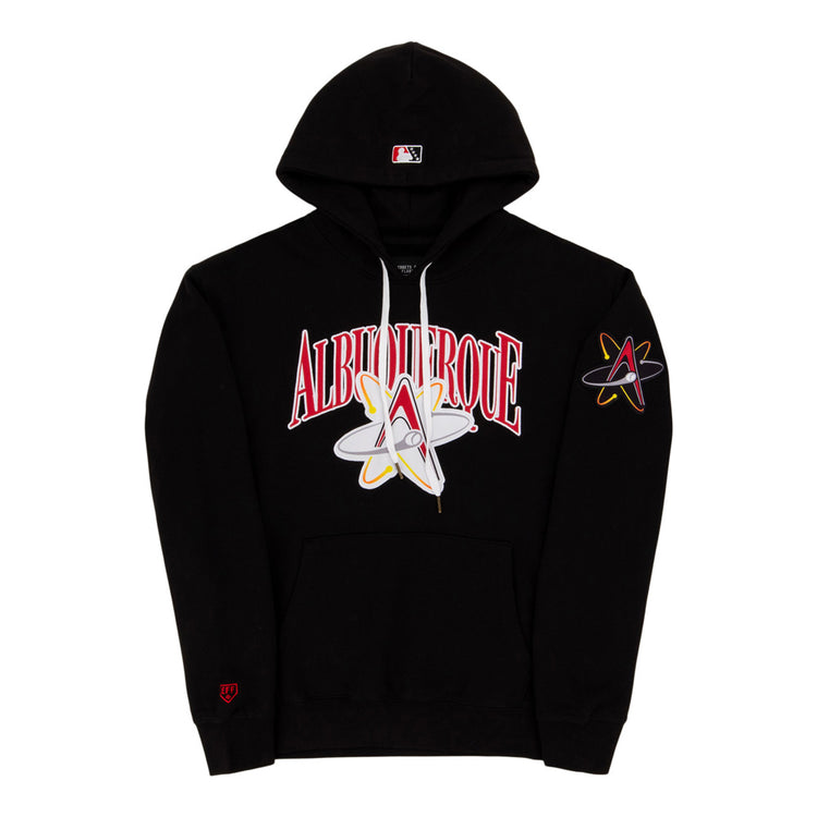 The Ebbets Field Albuquerque Isotopes MiLB Cotton Hooded Sweatshirt features a bold “Albuquerque” and atom logo on the front, an MLB logo on the hood, sleeve atom logo, and red detail on the left wrist.