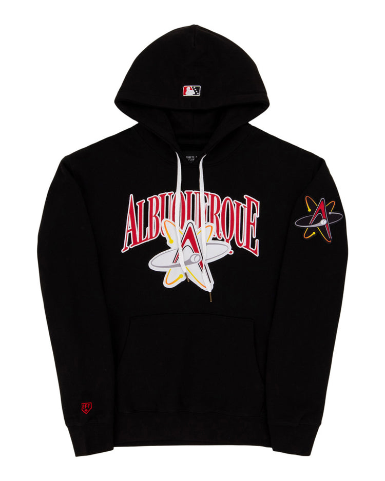 The Ebbets Field Albuquerque Isotopes MiLB Cotton Hooded Sweatshirt features a bold “Albuquerque” and atom logo on the front, an MLB logo on the hood, sleeve atom logo, and red detail on the left wrist.