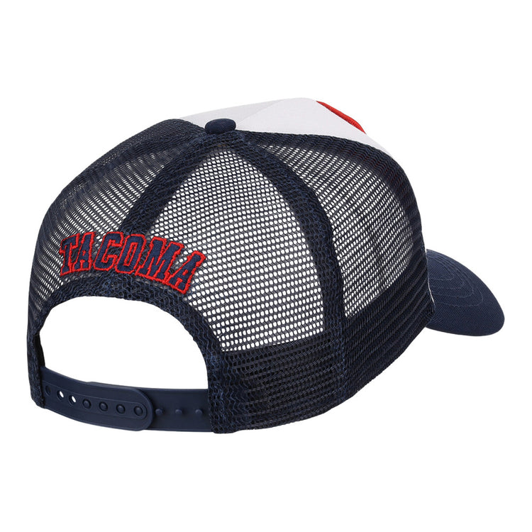 The Ebbets Field Tacoma Rainers MiLB Trucker Ballcap is a navy blue mesh hat with an adjustable snapback and 
