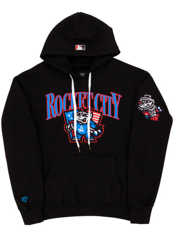The Rocket City Trash Pandas MiLB Cotton Hooded Sweatshirt by Ebbets Field is a black hoodie with bold red and blue 