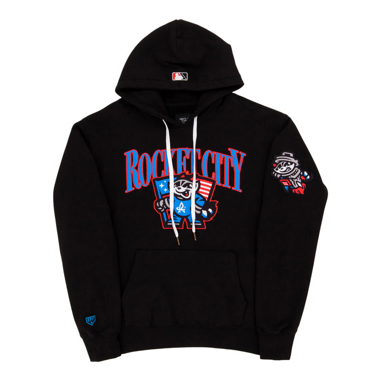 The Rocket City Trash Pandas MiLB Cotton Hooded Sweatshirt by Ebbets Field is a black hoodie with bold red and blue 