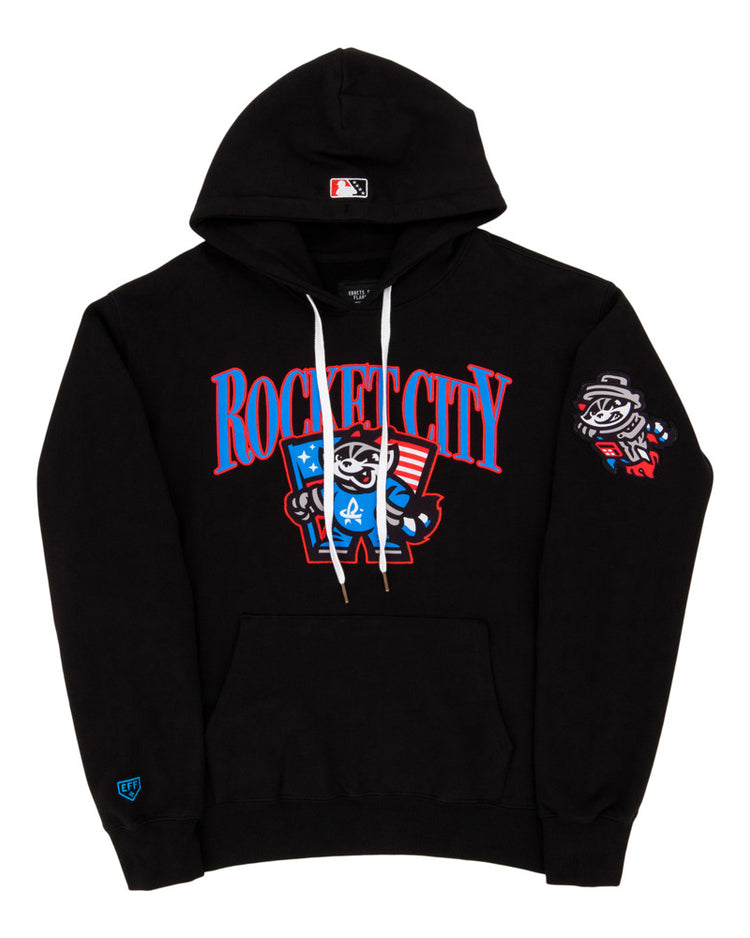 The Rocket City Trash Pandas MiLB Cotton Hooded Sweatshirt by Ebbets Field is a black hoodie with bold red and blue 