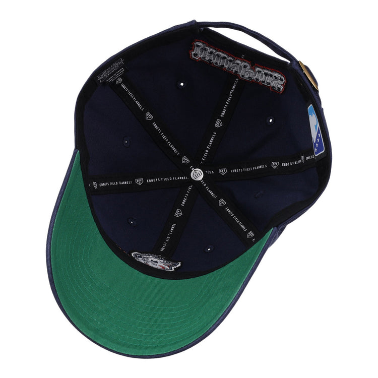 The underside of the Lehigh Valley Ironpigs MiLB Dad Ballcap by Ebbets Field features a green brim, black and white branded bands, sewn patches, and an official MLB logo on the inner panel.