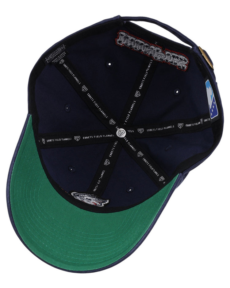 The underside of the Lehigh Valley Ironpigs MiLB Dad Ballcap by Ebbets Field features a green brim, black and white branded bands, sewn patches, and an official MLB logo on the inner panel.