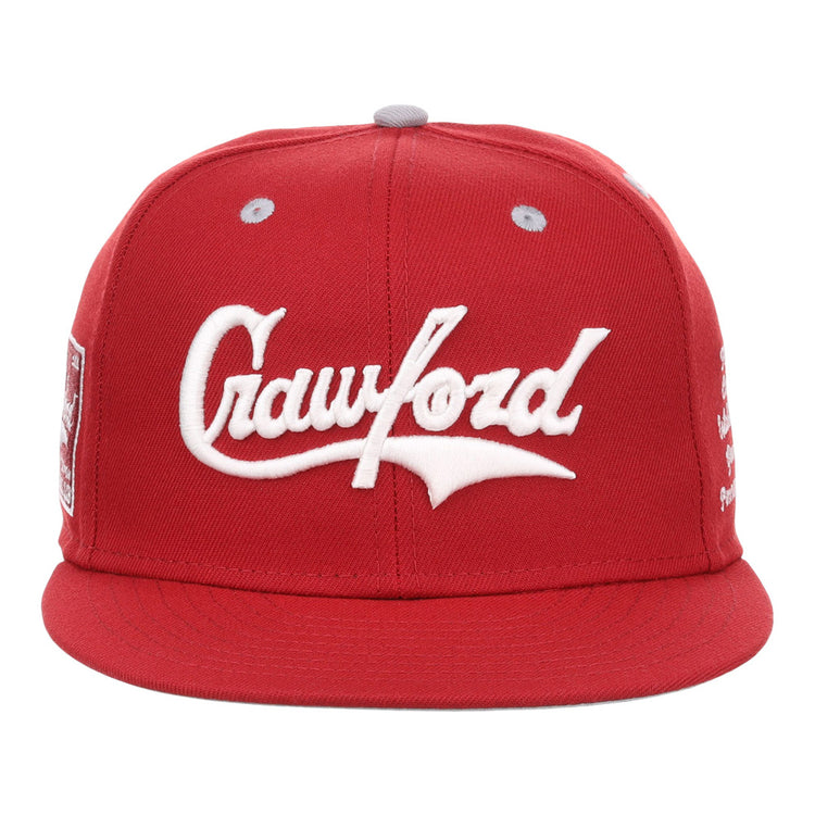 The Ebbets Field Pittsburgh Crawfords NLB Varsity Fitted Ballcap features a flat brim, white embroidered 