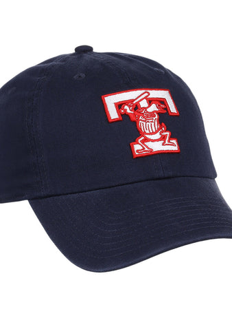 The Toledo Mud Hens MiLB Dad Ballcap by Ebbets Field is a navy blue cap with a red and white embroidered cartoon character wearing a graduation cap inside a large letter T on the front.