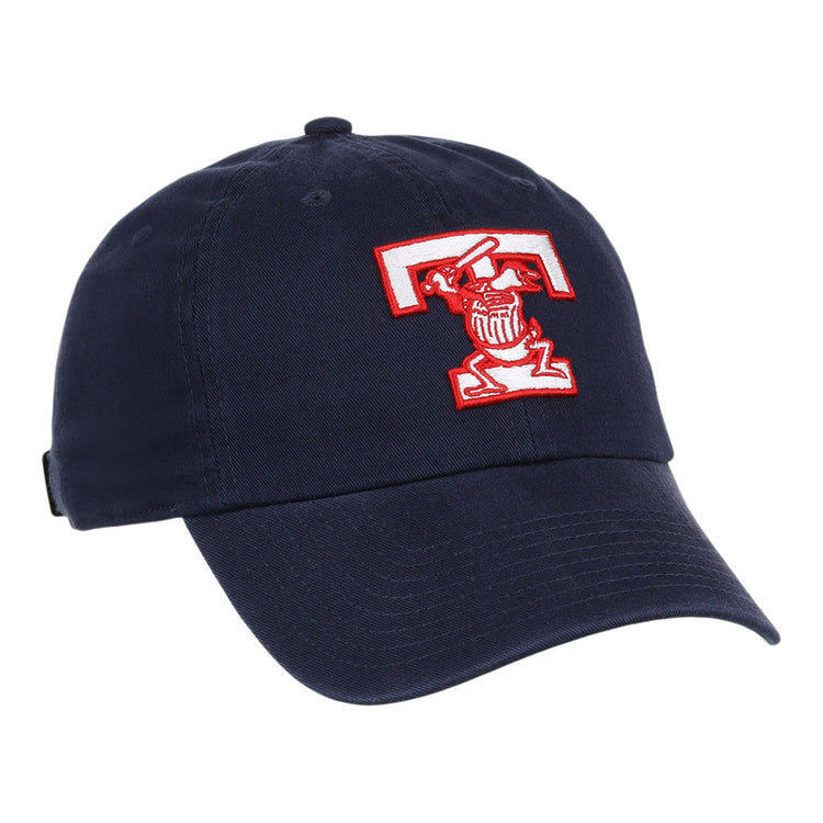 The Toledo Mud Hens MiLB Dad Ballcap by Ebbets Field is a navy blue cap with a red and white embroidered cartoon character wearing a graduation cap inside a large letter T on the front.
