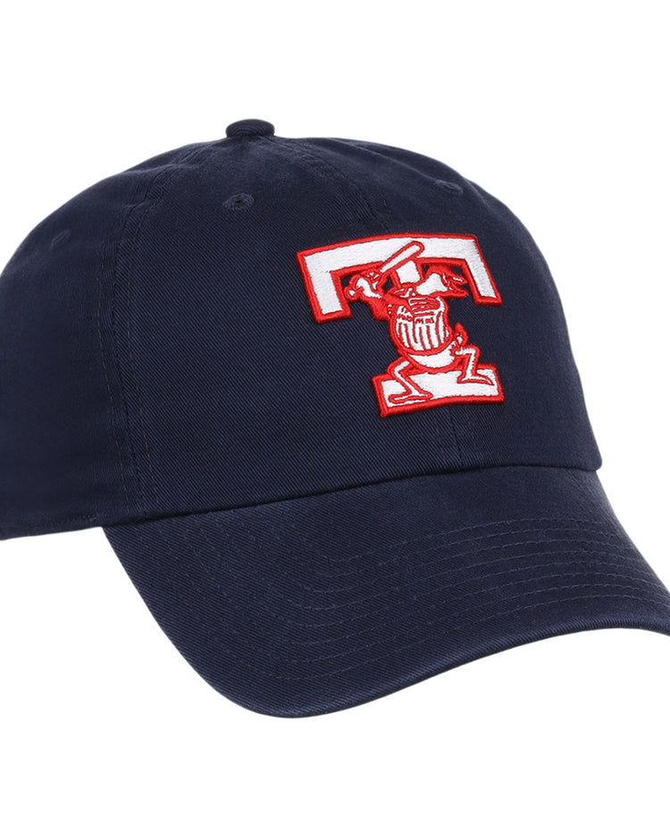 The Toledo Mud Hens MiLB Dad Ballcap by Ebbets Field is a navy blue cap with a red and white embroidered cartoon character wearing a graduation cap inside a large letter T on the front.