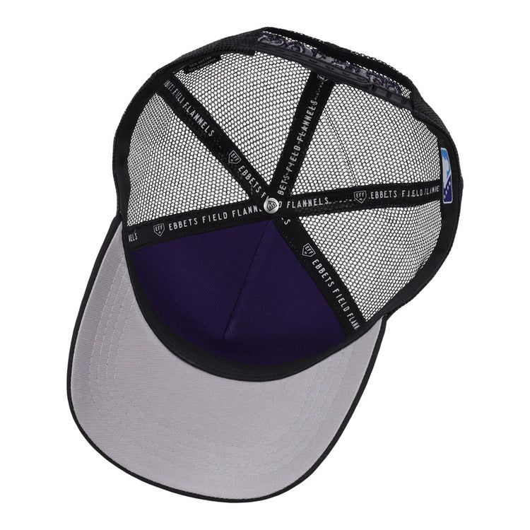A top-down view of the inside of the Albuquerque Isotopes MiLB Trucker Ballcap by Ebbets Field, featuring a black mesh interior, gray brim, and Ebbets Field branding on the inner black hatbands.