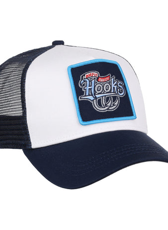 The Ebbets Field Corpus Christi Hooks MiLB Trucker Ballcap is a white and navy mesh-back hat featuring a front patch with “Hooks,” a fishing hook graphic, and the phrase “No Bad Days, Just Cast” above it.