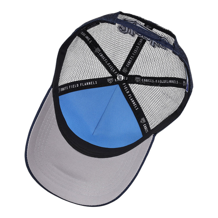 A Corpus Christi Hooks MiLB Trucker Ballcap by Ebbets Field, featuring a blue and gray design, mesh back, and black inner bands printed with 