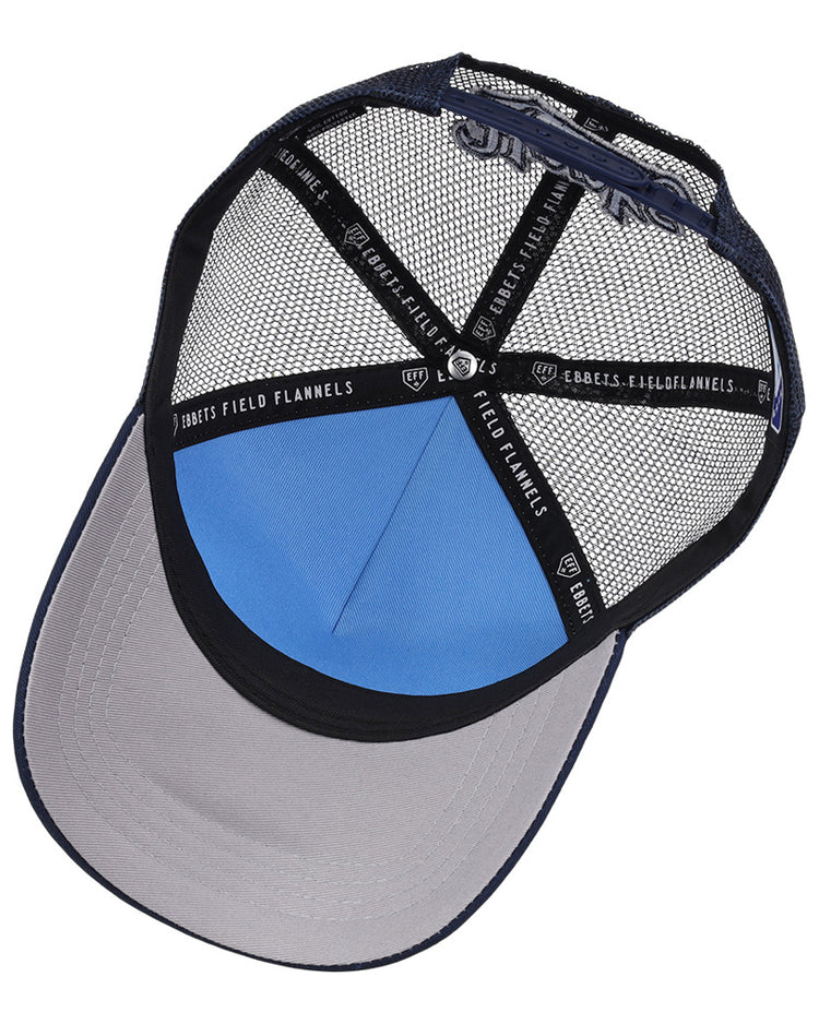 A Corpus Christi Hooks MiLB Trucker Ballcap by Ebbets Field, featuring a blue and gray design, mesh back, and black inner bands printed with 