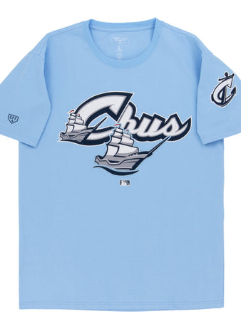 The Ebbets Field Columbus Clippers MiLB Fashion Cotton Short Sleeve Tee is a light blue T-shirt with 