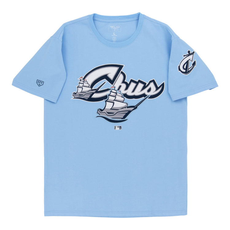 The Ebbets Field Columbus Clippers MiLB Fashion Cotton Short Sleeve Tee is a light blue T-shirt with 