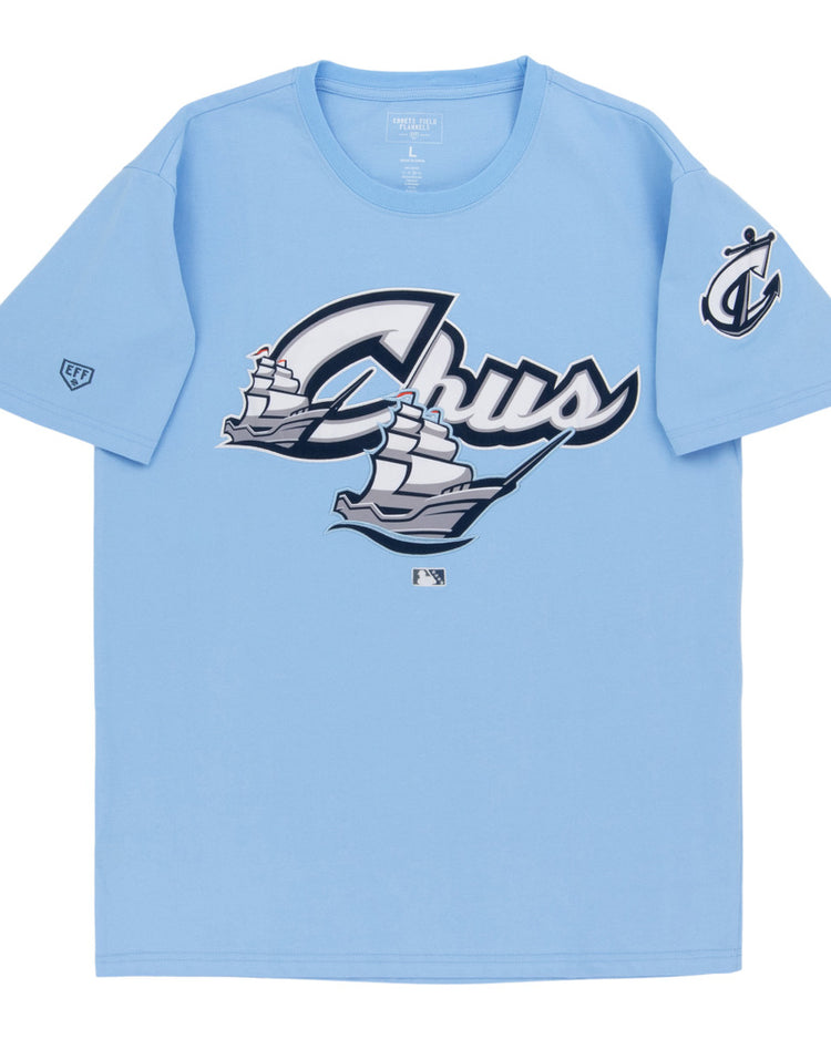 The Ebbets Field Columbus Clippers MiLB Fashion Cotton Short Sleeve Tee is a light blue T-shirt with 