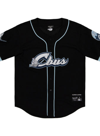 The Ebbets Field Columbus Clippers MiLB Button Down Jersey is black with light blue trim, 