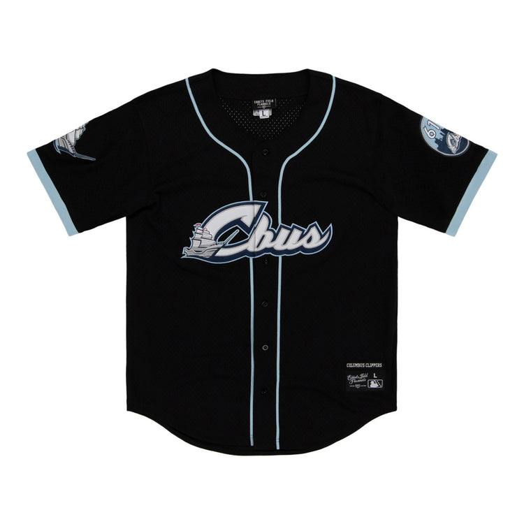 The Ebbets Field Columbus Clippers MiLB Button Down Jersey is black with light blue trim, 