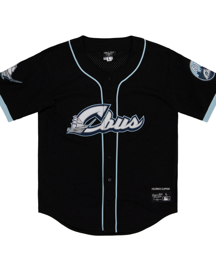The Ebbets Field Columbus Clippers MiLB Button Down Jersey is black with light blue trim, 