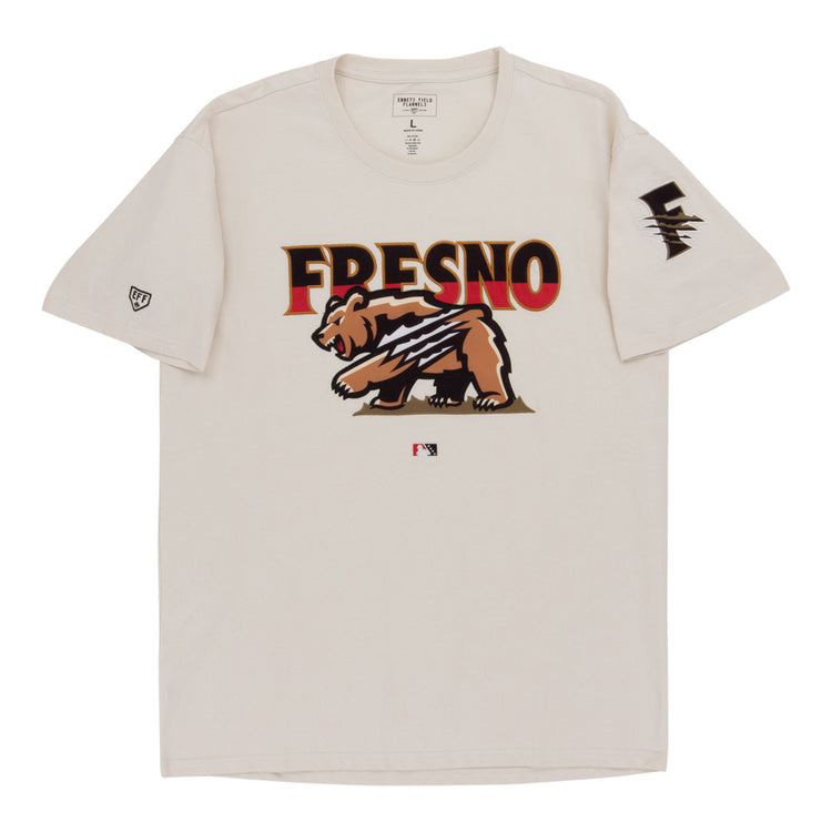 The Ebbets Field Fresno Grizzlies MiLB Fashion Cotton Short Sleeve Tee is a beige shirt with a bear graphic and claw marks, 