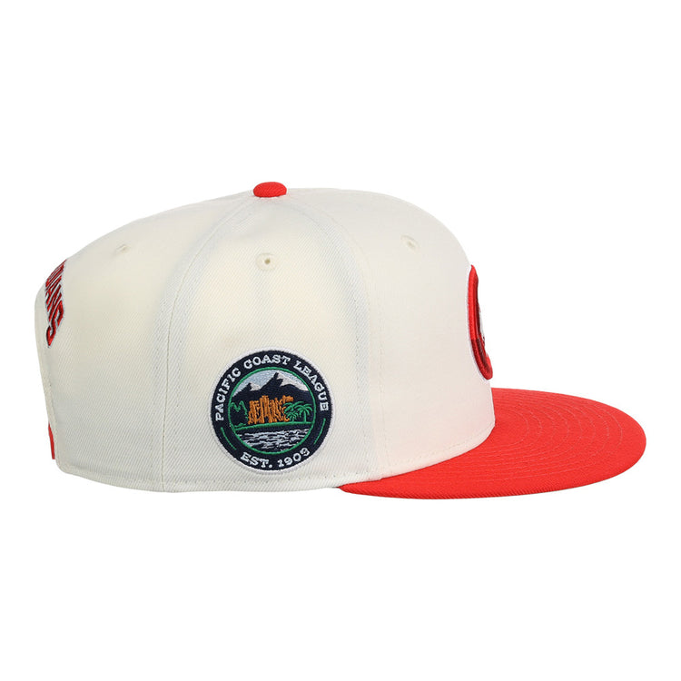 The Ebbets Field Vancouver Canadians MiLB Snapback Ballcap is a white cap with a red brim and button, featuring a side patch that reads 