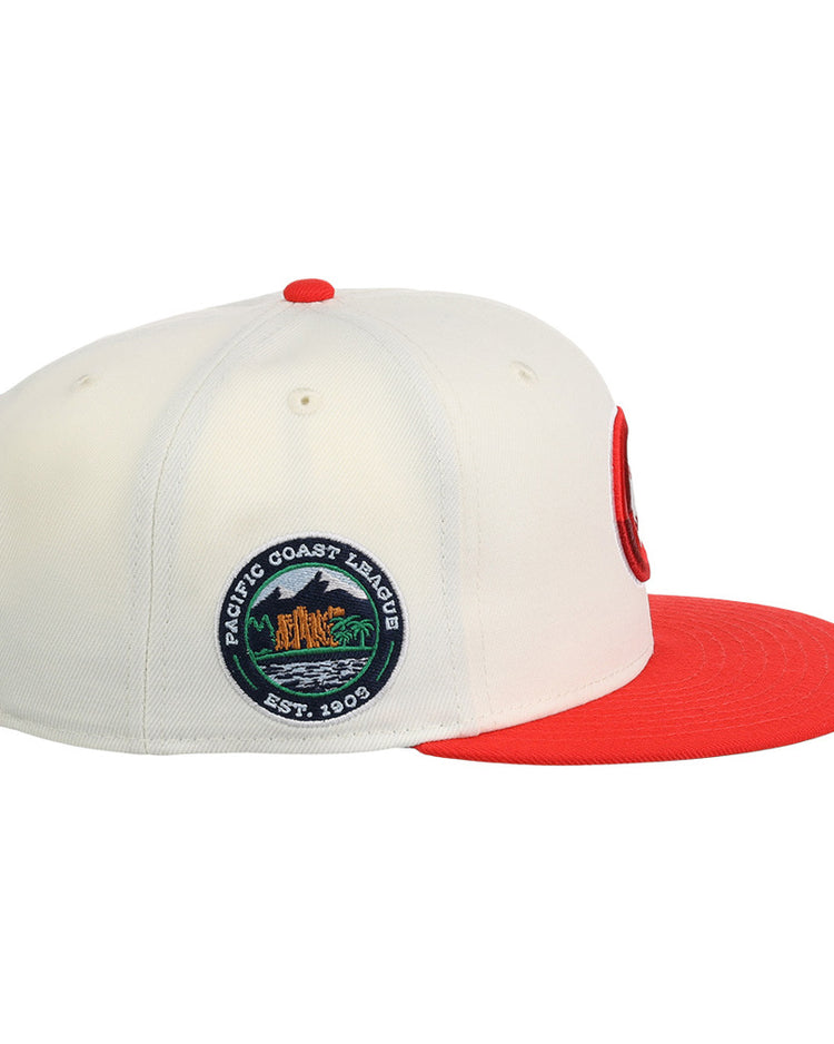 The Ebbets Field Vancouver Canadians MiLB Snapback Ballcap is a white cap with a red brim and button, featuring a side patch that reads 