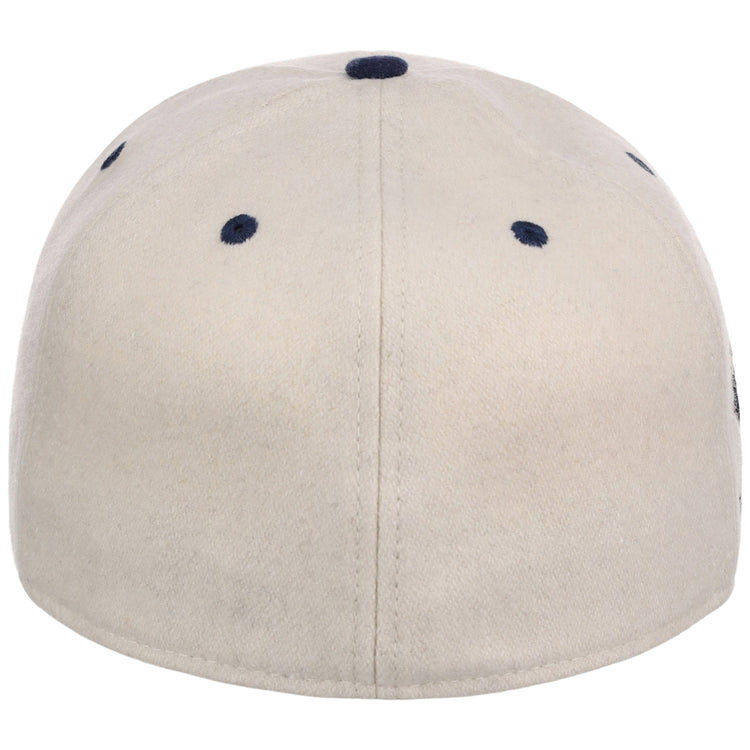 The Ebbets Field San Francisco Sea Lions NLB Ballpark Fitted Ballcap is beige, seen from the back with dark blue stitched eyelets and a central seam.