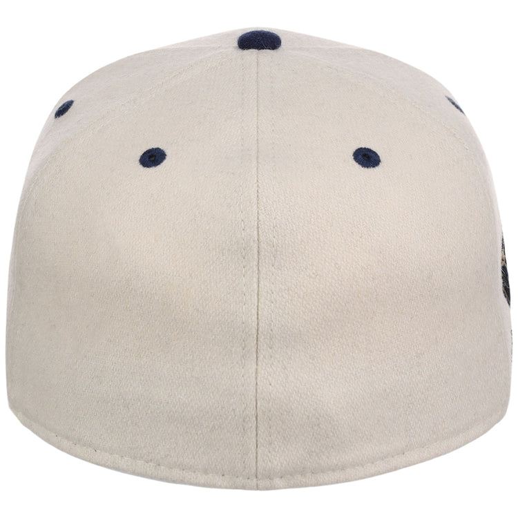The Ebbets Field Chicago American Giants NLB Ballpark Fitted Ballcap is beige, shown from the back with dark blue ventilation eyelets, a navy top button, and visible stitching that divides the cap into panels.
