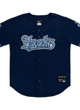 The Ebbets Field Corpus Christi Hooks MiLB Button Down Jersey features navy blue fabric, 