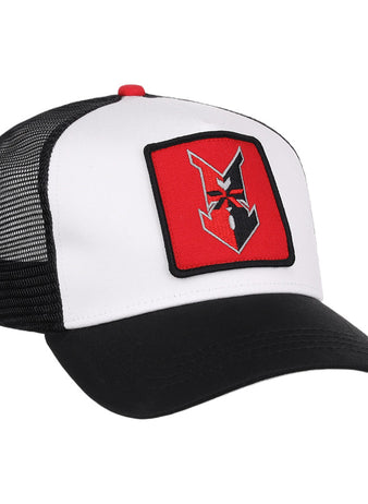 The Ebbets Field Indianapolis Indians MiLB Trucker Ballcap features a black mesh back, curved black brim, and a red and black embroidered angular animal face patch on the front in classic black and white colors.