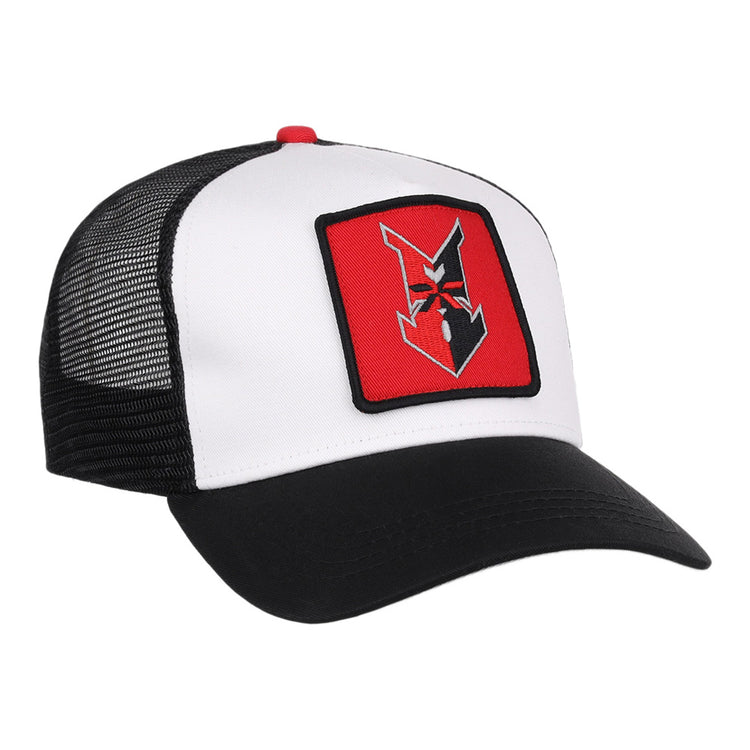 The Ebbets Field Indianapolis Indians MiLB Trucker Ballcap features a black mesh back, curved black brim, and a red and black embroidered angular animal face patch on the front in classic black and white colors.
