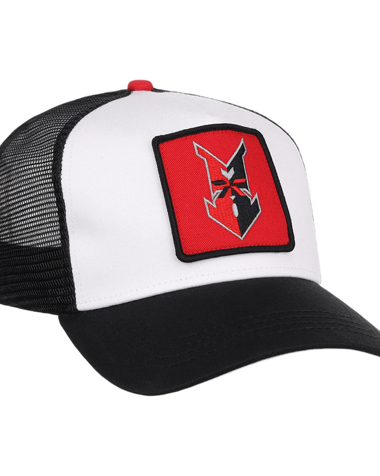 The Ebbets Field Indianapolis Indians MiLB Trucker Ballcap features a black mesh back, curved black brim, and a red and black embroidered angular animal face patch on the front in classic black and white colors.