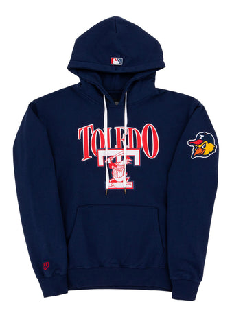 The Ebbets Field Toledo Mud Hens MiLB Cotton Hooded Sweatshirt features a navy blue color, 