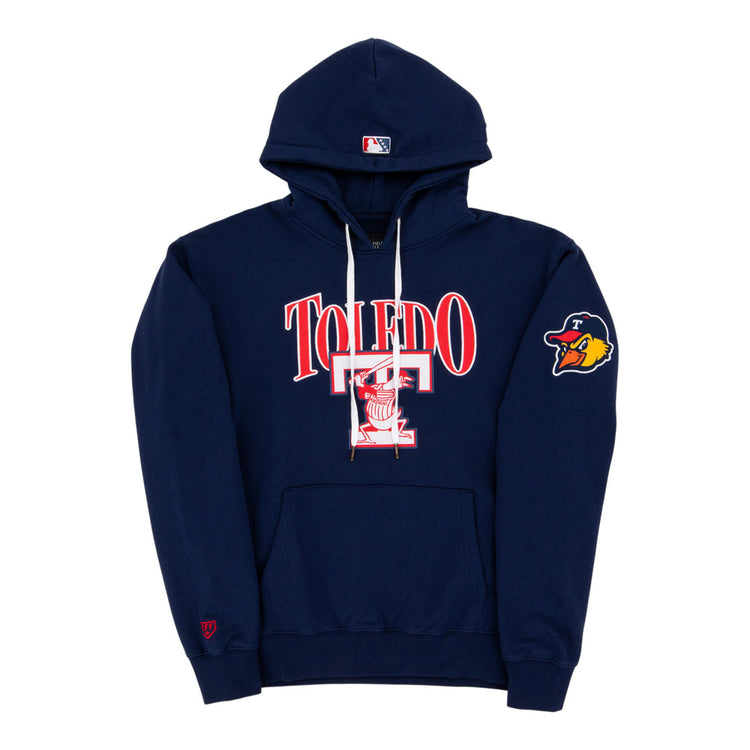 The Ebbets Field Toledo Mud Hens MiLB Cotton Hooded Sweatshirt features a navy blue color, 