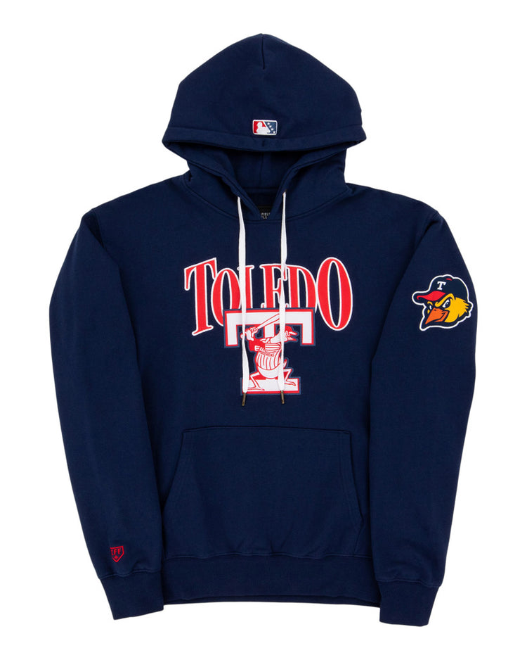 The Ebbets Field Toledo Mud Hens MiLB Cotton Hooded Sweatshirt features a navy blue color, 