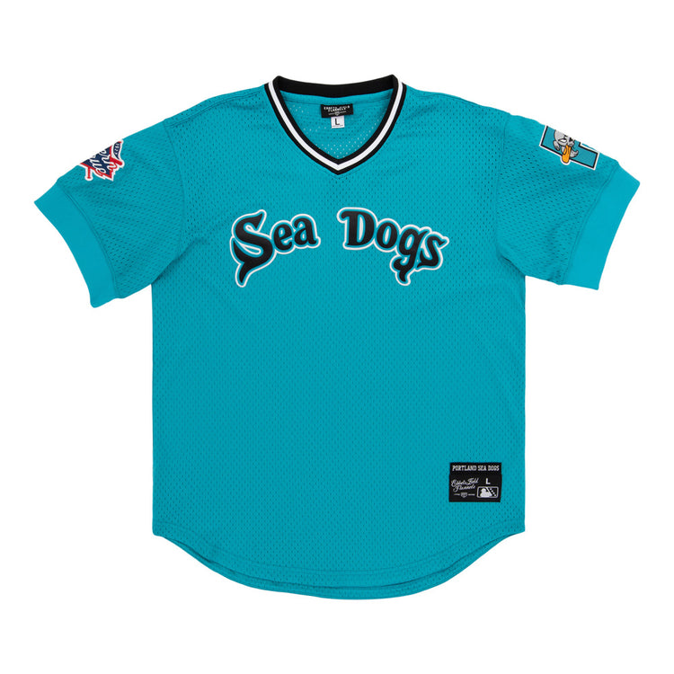 The Ebbets Field Portland Sea Dogs MiLB V-Neck Jersey features a teal design with 