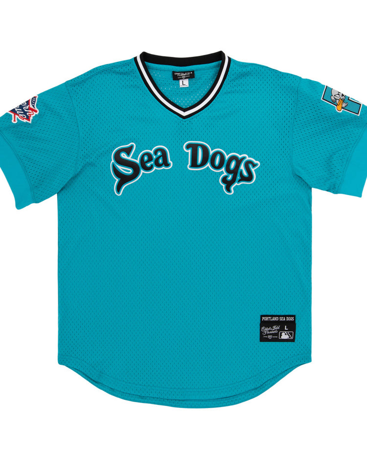 The Ebbets Field Portland Sea Dogs MiLB V-Neck Jersey features a teal design with 