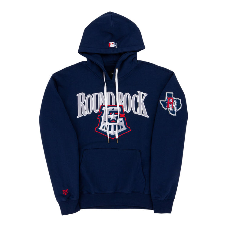 The Ebbets Field Round Rock Express MiLB Cotton Hooded Sweatshirt features navy blue fabric, ROUND ROCK in large white letters on the chest, an emblem below, a left sleeve patch with an R and Texas outline, a front pocket, and white drawstrings.