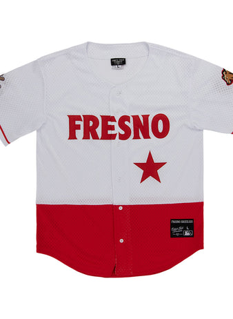 The Ebbets Field Fresno Grizzlies MiLB Button Down Jersey features white and red colors, 
