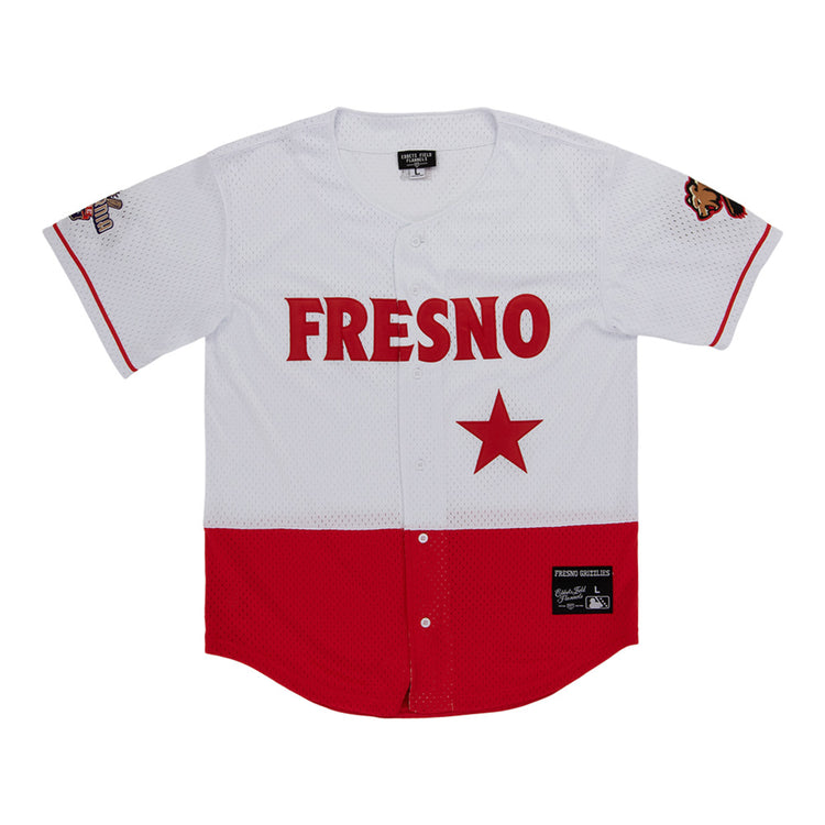 The Ebbets Field Fresno Grizzlies MiLB Button Down Jersey features white and red colors, 