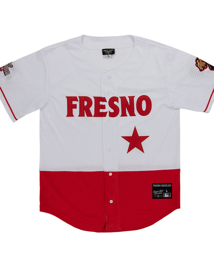 The Ebbets Field Fresno Grizzlies MiLB Button Down Jersey features white and red colors, 