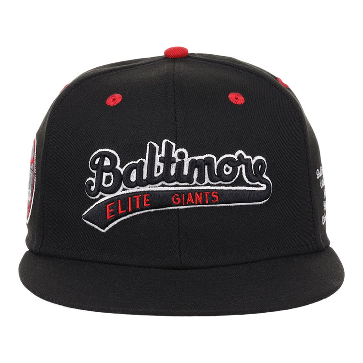 The Ebbets Field Baltimore Elite Giants NLB Varsity Fitted Ballcap is a black cap with 