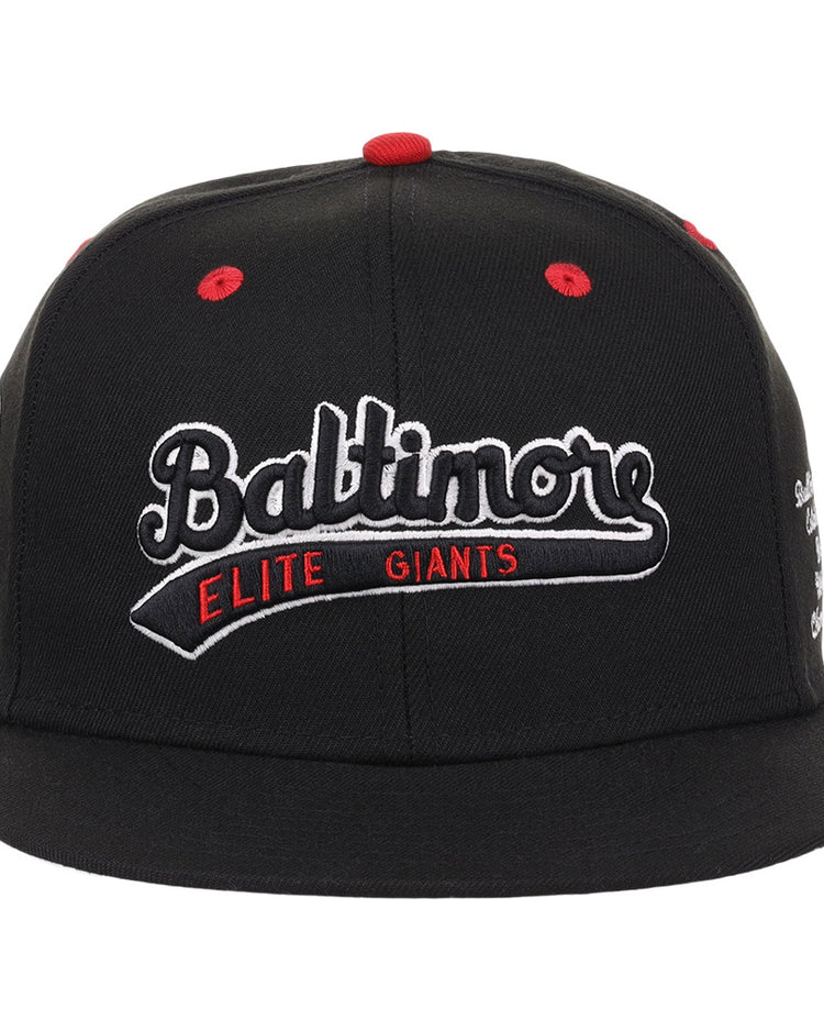 The Ebbets Field Baltimore Elite Giants NLB Varsity Fitted Ballcap is a black cap with 