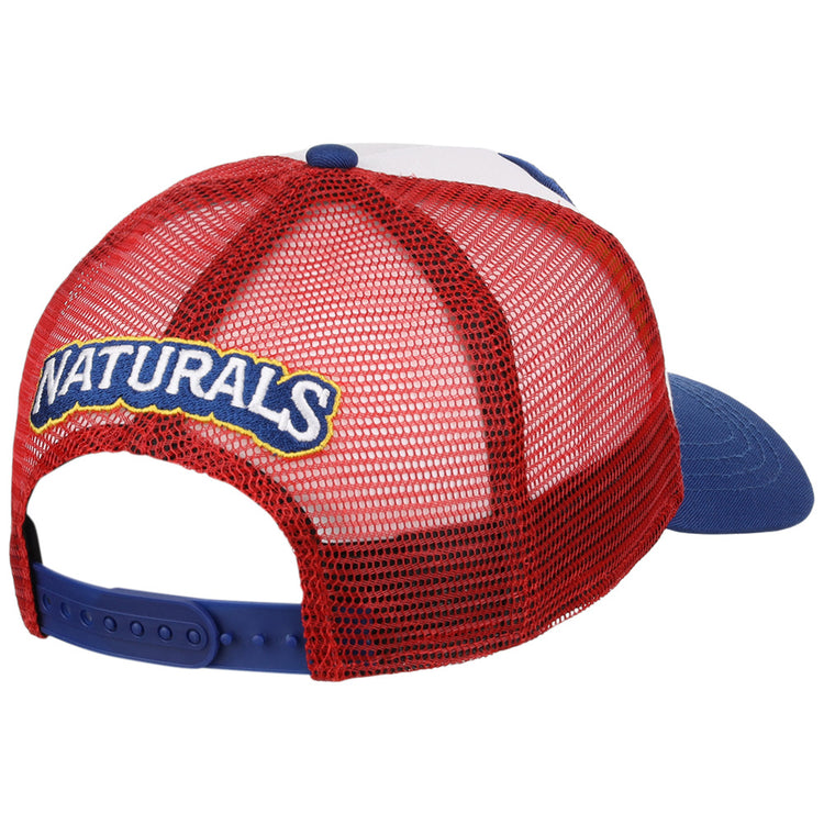 The Ebbets Field Northwest Arkansas Naturals MiLB Trucker Ballcap is a red mesh cap with a blue brim, snapback closure, and a back patch that says NATURALS in white and yellow letters.