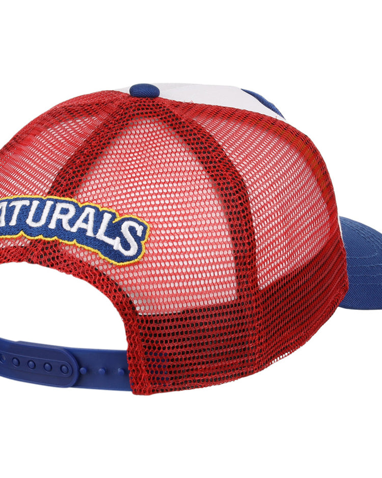 The Ebbets Field Northwest Arkansas Naturals MiLB Trucker Ballcap is a red mesh cap with a blue brim, snapback closure, and a back patch that says NATURALS in white and yellow letters.