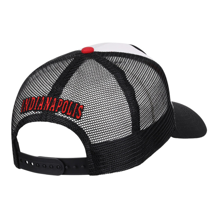 The Ebbets Field Indianapolis Indians MiLB Trucker Ballcap features a white front panel, black mesh and button, an adjustable strap, and 